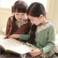 韩国童装2017春款女童蕾丝麻花儿童针织衫宝宝毛衣线衣