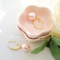 进口加拿大设计师 六月诞生石珍珠和黄金耳环 粉红色的爱心耳环