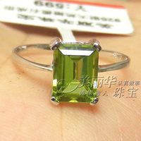 包邮长方形天然橄榄石戒指925纯银女戒绿宝石戒指指环不掉色简约