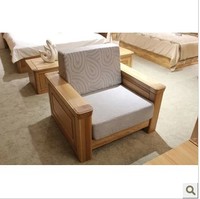 北欧e家圆头纯榆木客厅单人沙发简约现代家具全实木沙发布艺沙发