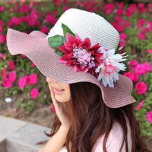 韩版波浪卷边女士太阳帽子 仿真花朵夏季沙滩防晒遮阳草帽渔夫帽
