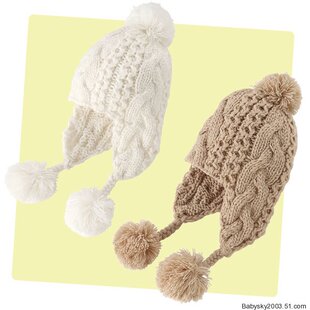 秋冬新款女童帽子冬帽婴儿针织帽手编毛线帽儿童护耳帽球球护耳帽