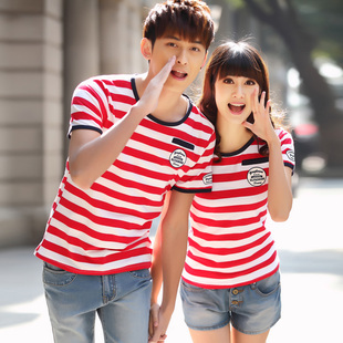 情侣装夏装 2015新款韩版条纹短袖T恤韩国女装大码上衣学生装班服
