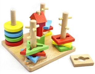多彩智慧盘 木制五柱配对积木 儿童形状组合五套柱 宝宝益智玩具