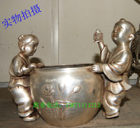 古玩收藏品特价铜器童男童女纯铜鎏银戏水得鱼摆件童子缸铜缸摆件