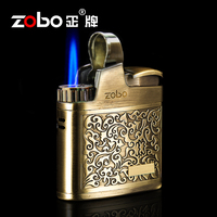 ZOBO正牌老式雕花金属打火机防风超薄创意个性蓝焰直冲充气气体男