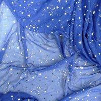 蓝底烫银星星点点弹性透明冰丝蕾丝网布料(宽幅180CM，11元/半米)