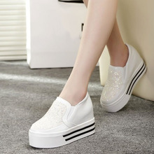 2015韩版新款低帮鞋懒人套脚内增高鞋厚底鞋松糕鞋白色女鞋子