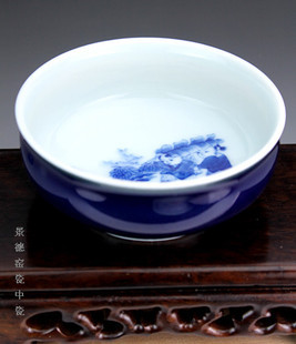 【载物堂】全手工仿古霁蓝青花婴戏人物杯景德镇单色釉瓷器茶具