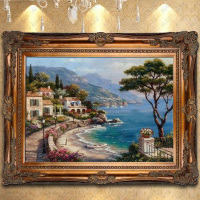 地中海装饰画纯手绘简欧式风景油画客厅有框挂画无框壁画田园风格