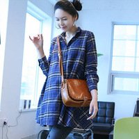 2015秋装新款韩版气质春装格子衬衫中长款长袖孕妇装宽松大码上衣