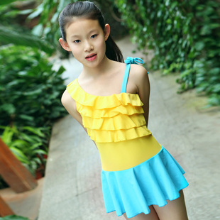 正品女童泳衣新款小中大童连体裙式三角泳衣蛋糕层儿童韩国泳装