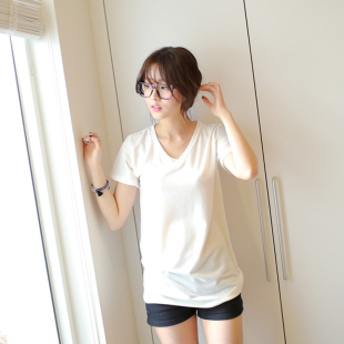 【天天特价】白色t恤女短袖宽松纯棉打底衫韩版v领显瘦夏装纯色