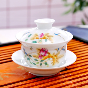 陶瓷盖碗茶具景德镇瓷器茶杯 中式复 古典粉彩荷花 三才碗 包邮