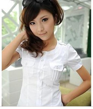 纯棉衬衫 女 短袖2015新款韩版修身肩章白泡泡袖短袖衬衫 女 夏装