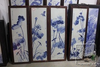 景德镇陶瓷瓷板画名人名家手绘仿古青花荷花图四条屏挂屏实木框
