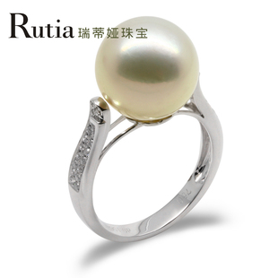 瑞蒂娅 天然南洋珍珠戒指 12-13mm 白金钻石 A1AA 正圆 奢华婚戒