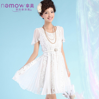 Nemow/拿美南梦蕾丝雪纺连衣裙 夏季短袖百褶裙A3K105（无腰带）