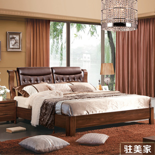 中式胡桃木家具卧室真皮软靠实木双人大床1.8米真皮高箱床W9108