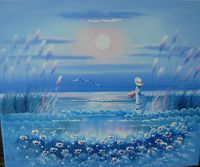 纯手绘油画思念远航的情郎，对梦想的追求自由的向往大海海鸥灯塔