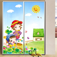 艺术玻璃窗户磨砂贴膜*儿童房韩国卡通不透明衣柜窗花彩色贴纸