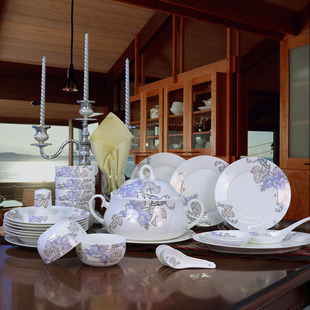 景德镇陶瓷餐具 56头骨瓷餐具套装 七彩世界 厨房用品盘碗碟特价