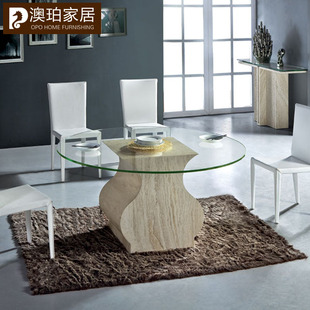 天然大理石洞石现代简约钢化玻璃圆餐桌环保厂家直销可定制家具
