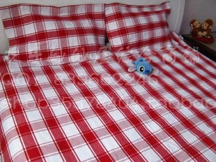 合股加厚加密纯棉老粗布红色格子床单+枕套双人三件套