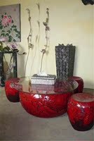 新中式创意家居复古典仿古客厅玻璃桌面圆形牡丹-鱼缸茶几