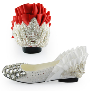 韩版新娘婚鞋红色平底真皮水钻串珠平跟白色婚纱鞋 大S结婚鞋子