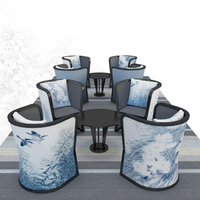 新中式圈椅餐厅洽谈会议休闲沙发椅酒店会所实木蓝色花鸟山水围椅