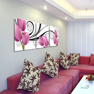紫色郁金香客厅时尚无框画 客厅沙发背景墙装饰画冰水晶画三联画