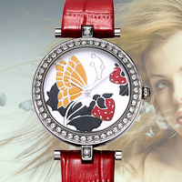 时装女腕表百变蝴蝶石英表镶钻真皮珍珠贝壳女表创意刻字手表包邮