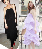 5色韩版女装波西米亚层层蛋糕抹胸裹胸公主雪纺连衣裙两穿长裙子