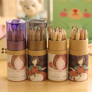 韩国版可爱浮游女孩12色铅笔绘画涂彩色笔小学生儿童文具桶装木质