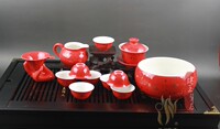 热卖德化瓷器红福寿13头中国红功夫茶具  品茗送礼佳品套装