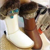 手工缝制串珠丽芙之爱冬新款西伯利亚设计师兔毛高筒白色雪地靴女