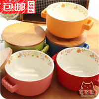 niwawa大号陶瓷泡面碗纯色双耳带盖汤碗沙拉彩纹方便面杯特价包邮
