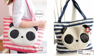 可爱日韩熊猫小清新 条纹帆布包 电脑包 手拎单肩包 开学书包