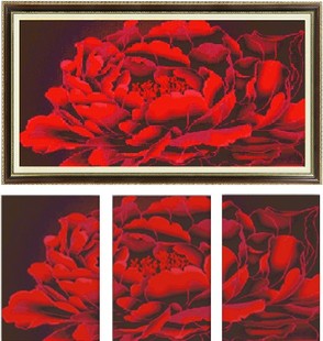 精准印花丝线客厅蒙娜丽莎十字绣红牡丹皇家版三联画最新款大幅