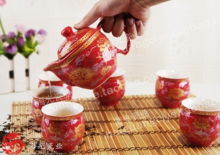 景德镇瓷器 整套茶具套装 茶壶 茶杯  7头茶具 中国红金牡丹