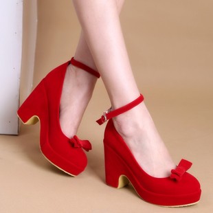 潮秋季粗跟红色结婚鞋单鞋高跟鞋新娘鞋坡跟厚底松糕鞋韩版女鞋子