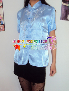 女士大码中国风唐装短袖。绣花真丝衬衫。盘扣丝绸妈妈衫上衣