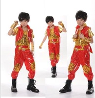 MJ新年亮片街舞爵士舞服儿童现代舞服装合唱红色男演出服红色热销