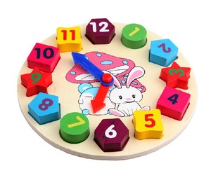 小形状时钟兔子木制儿童益智早教玩具彩色时钟数字积木