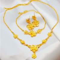 越南沙金新娘结婚三金套装大花朵金项链镀24K黄金三件套 婚庆首饰