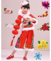儿童表演服演出服秧歌舞蹈服女少儿民族服装大红冬季喜庆舞台童装