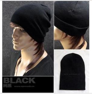 韩国版时尚冬季纯色针织帽子 毛线嘻哈潮男女黑色帽子双层厚保暖