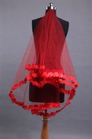 新娘婚纱头纱韩式新款花边头纱1.5米电脑花边红色头纱