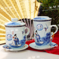 景德镇茶杯陶瓷 古典青花荷莲 高档办公居家茶具套装 出水芙蓉